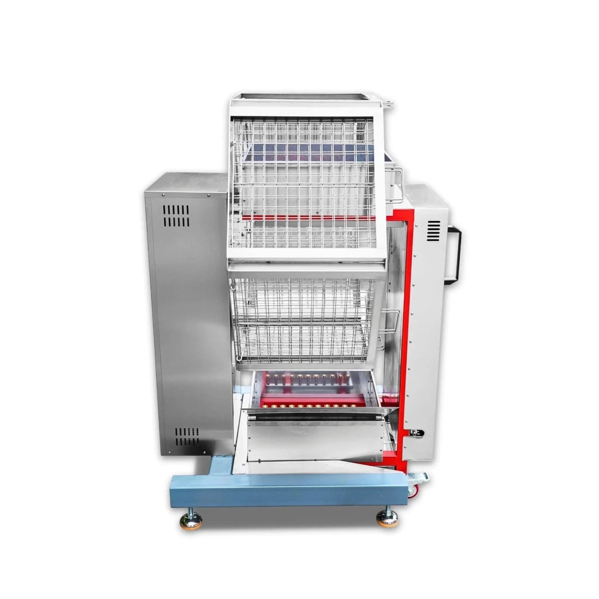 Angled view of the heavy-duty charcoal rotisserie grill commercial unit and gas oven, designed for high-volume restaurant kitchens.