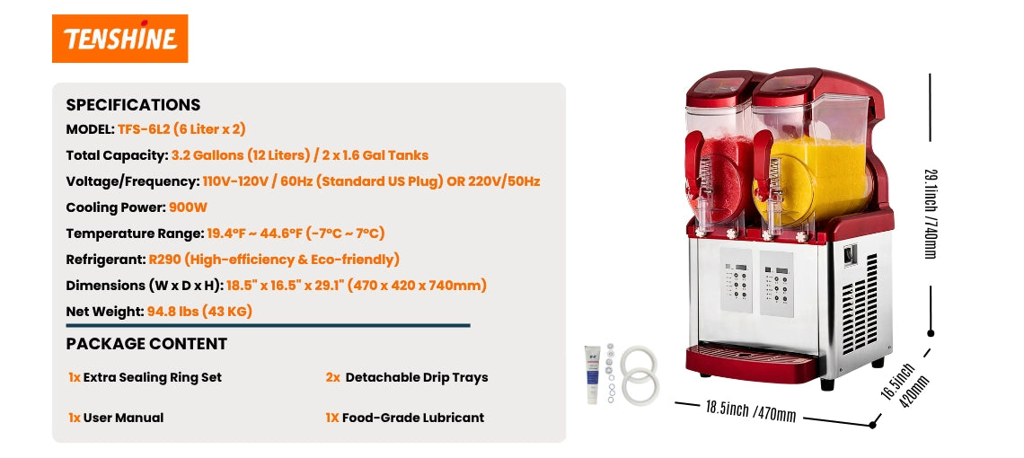 Technical specifications and package contents for the Tenshine 6Lx2 dual slush machine.