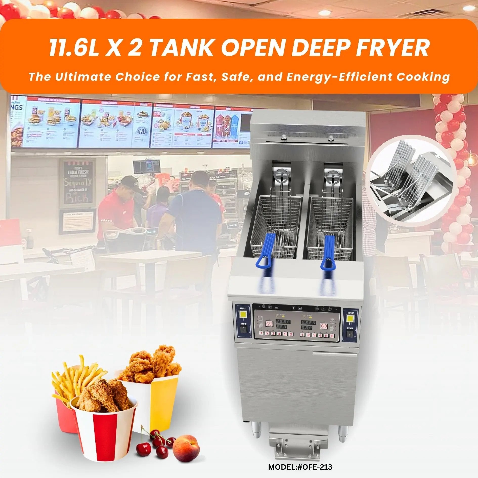 Dual Tank Split Pot Electric Deep Fryers with Oil Filtration System OFE - 213Dual Tank Open Deep Fryer