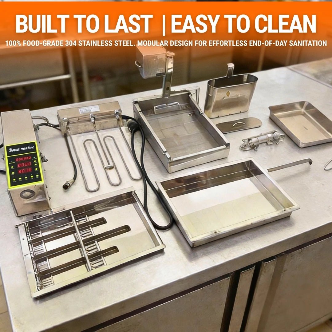 Disassembled 304 stainless steel parts of the Tenshine commercial donut fryer for easy daily cleaning