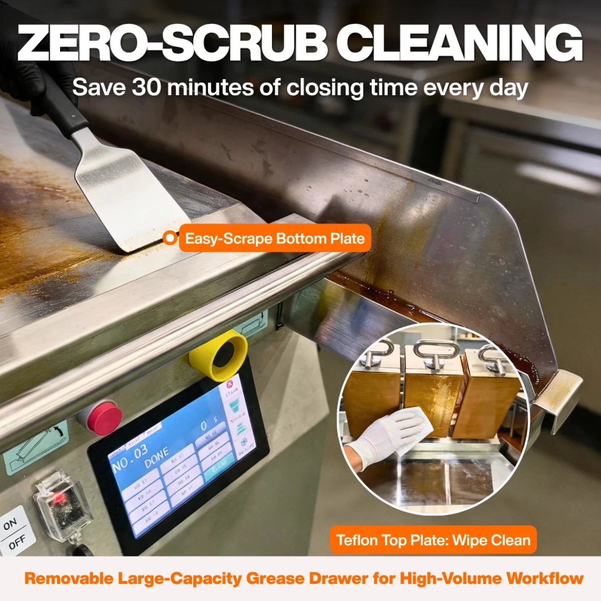 Zero-scrub cleaning design on the commercial electric burger grill featuring a wipe-clean Teflon top plate.