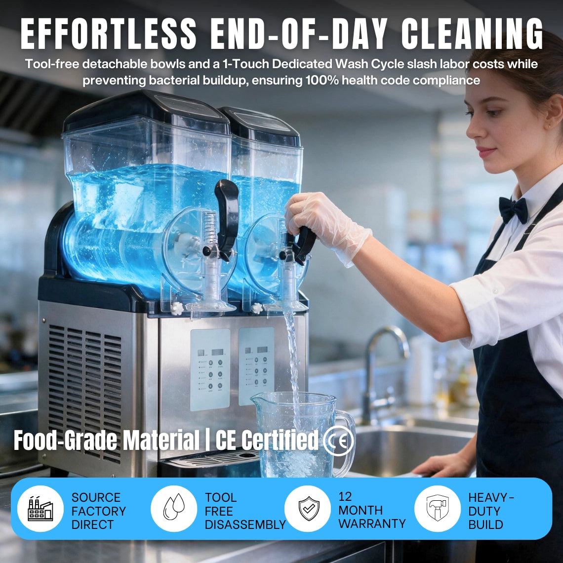 Tool-free disassembly and auto wash cycle on a commercial frozen drink dispenser for spotless hygiene.