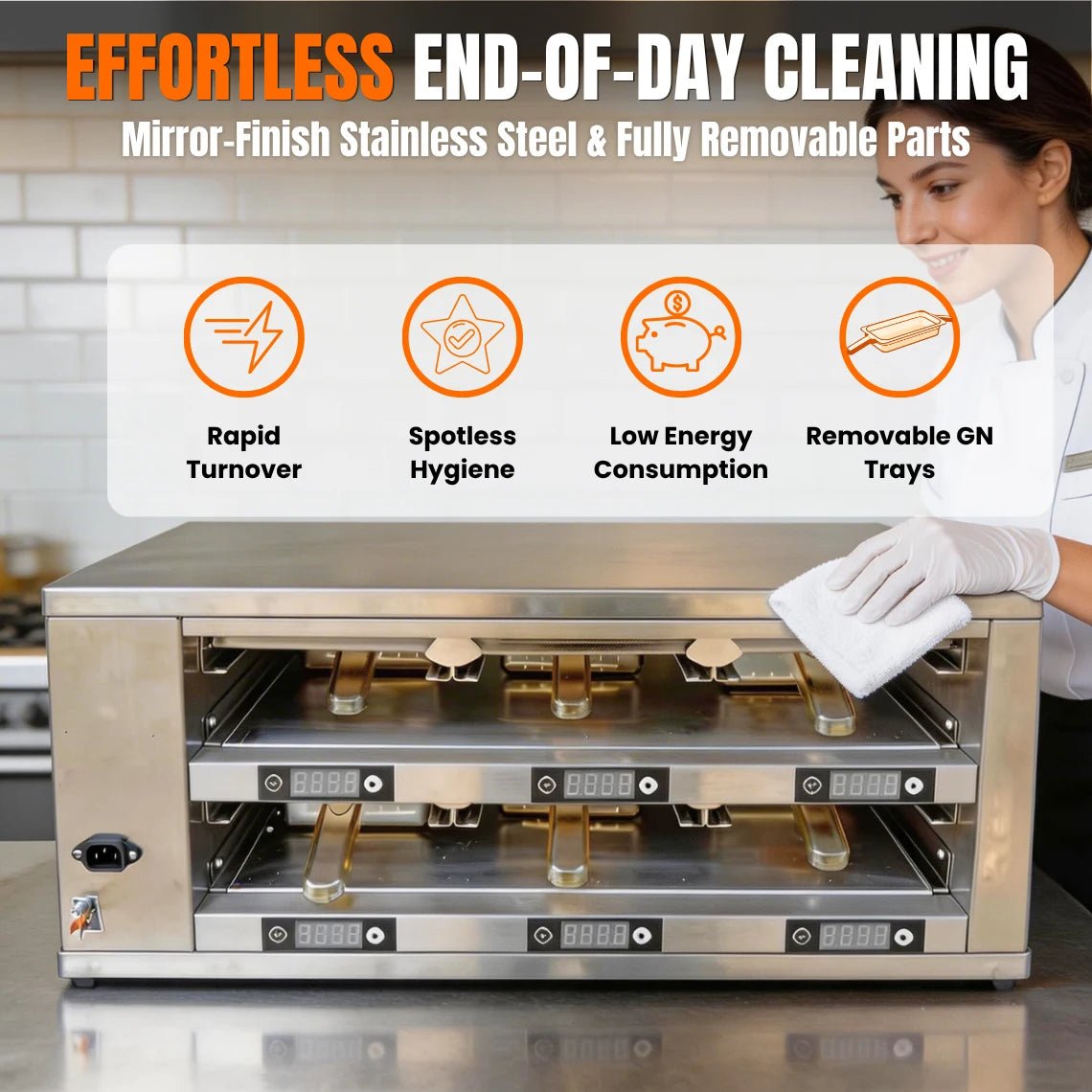 Restaurant worker effortlessly cleaning the mirror-finish stainless steel commercial patty holding bin with fully removable parts
