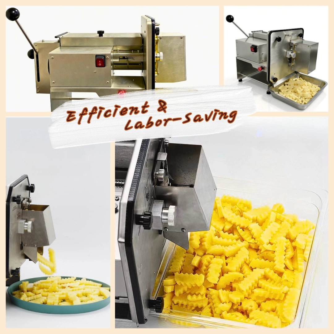 Efficient and labor saving automatic french fry cutter for commercial use discharging wavy crinkle cut fries into food grade prep trays.