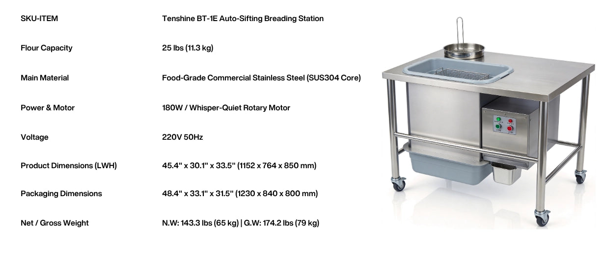 Technical parameters for the BT-1E electric breading table, highlighting the 25 lbs flour capacity and commercial stainless steel build.
