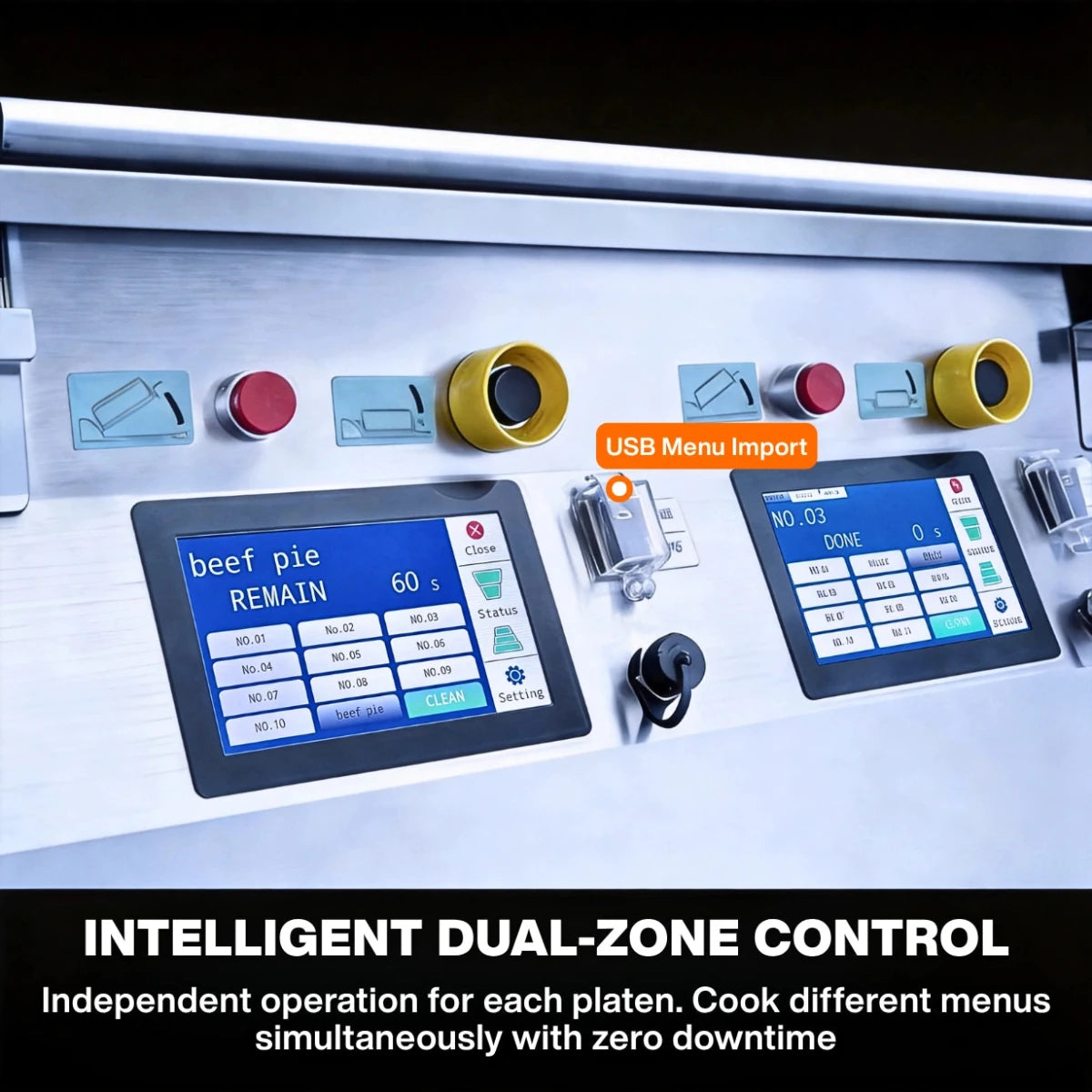 Independent smart temperature controllers on the commercial double sided griddle ensuring zero kitchen downtime.