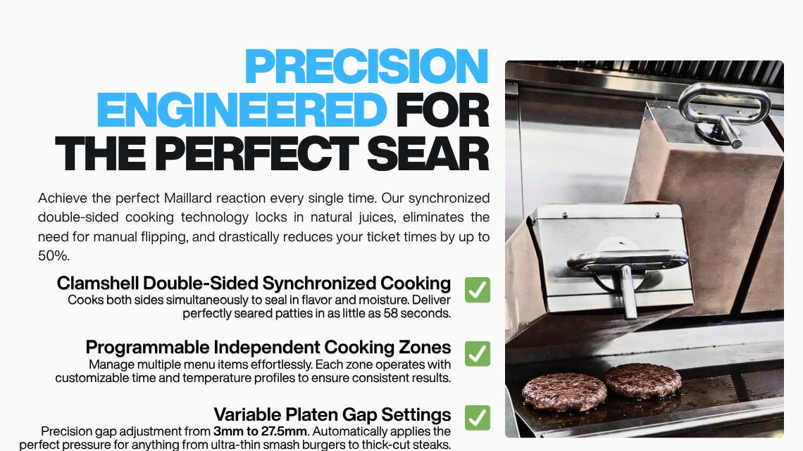 Precision engineered electric burger grill machine with variable platen gap settings from 3mm to 27.5mm for the perfect sear and juice lock.