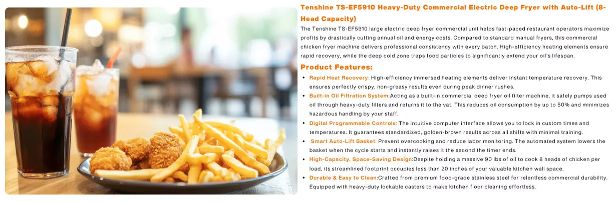 Advanced features of the electric commercial deep fryer, including programmable digital controls and auto-lift basket system.