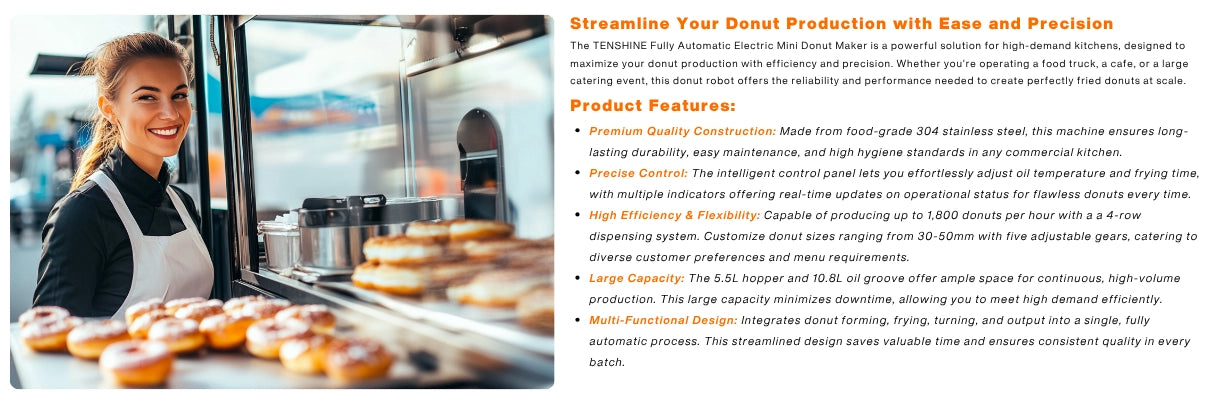 Streamline your donut production with the Tenshine fully automatic electric mini donut maker and robot for commercial kitchens