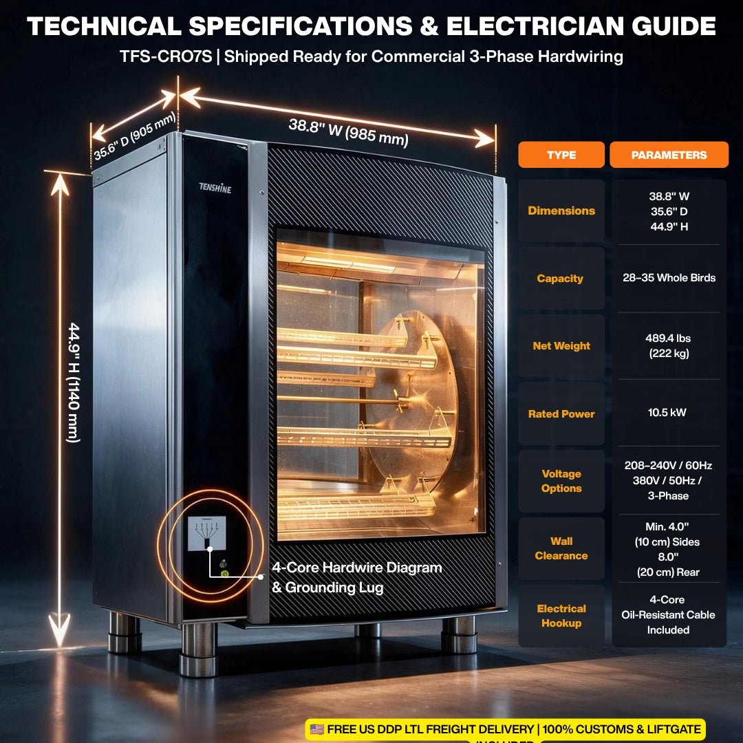 TFS-CRO7S electric commercial rotisserie oven dimensions (38.8x35.6x44.9 in), 489.4 lbs weight and 3-phase wiring guide