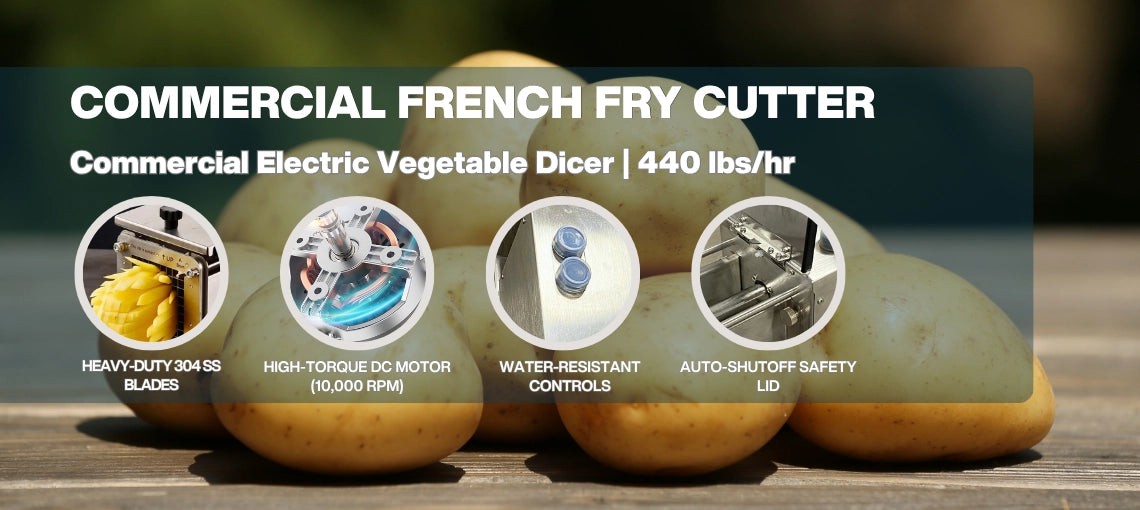 Core features of the electric commercial vegetable dicer including a 10,000 RPM motor, 304 SS blades, water-resistant controls, and auto-shutoff lid.