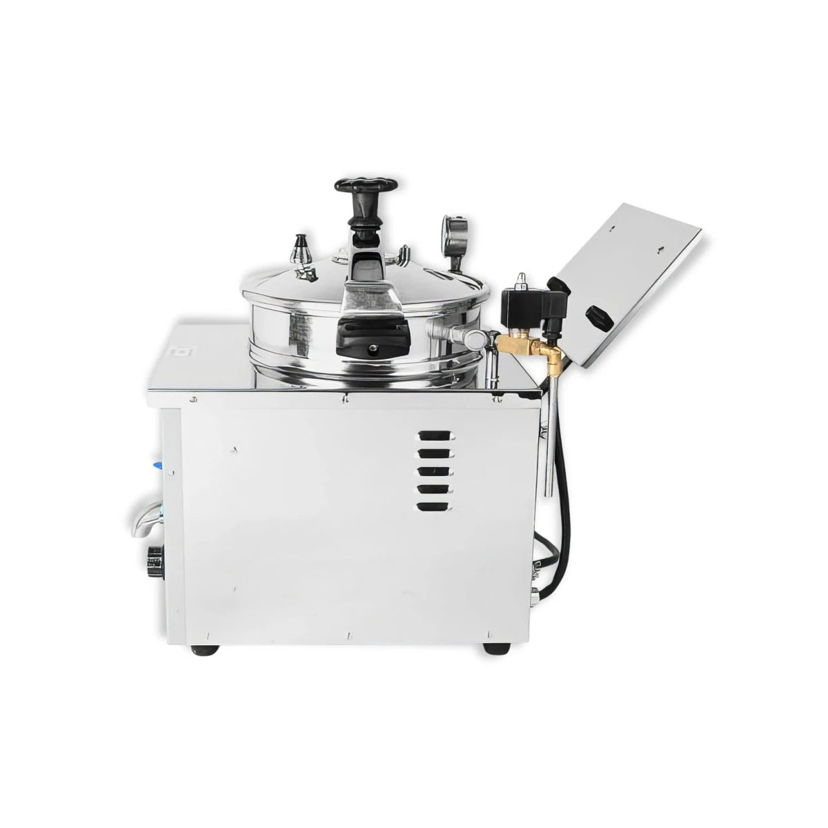 Side profile of the electric countertop pressure fryer built with durable stainless steel.