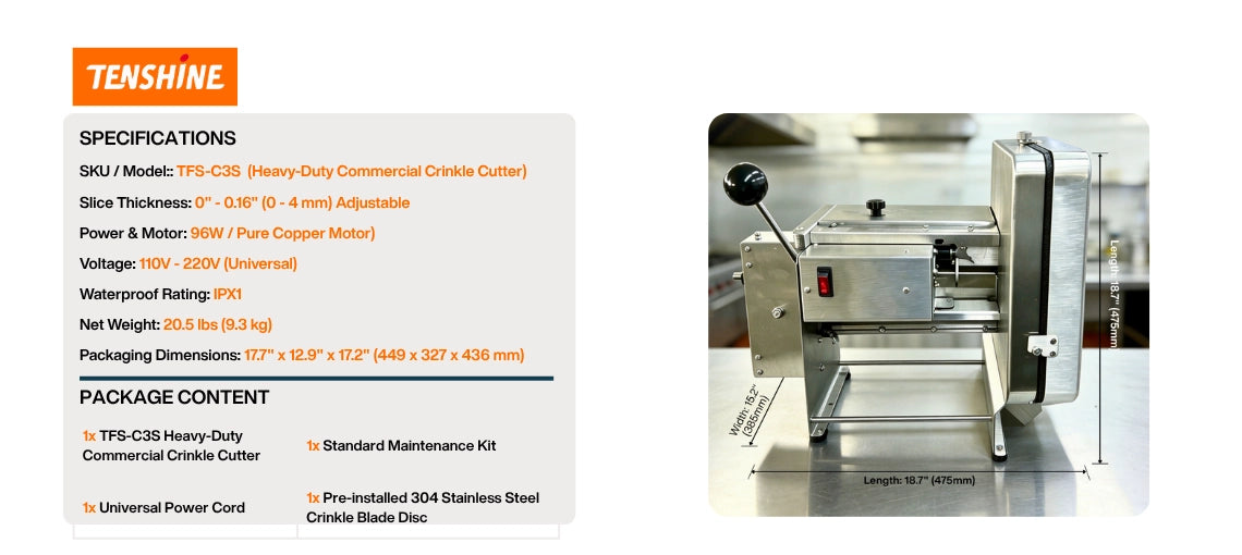 Detailed specifications, package content, and exact footprint dimensions for the electric crinkle slicer machine.