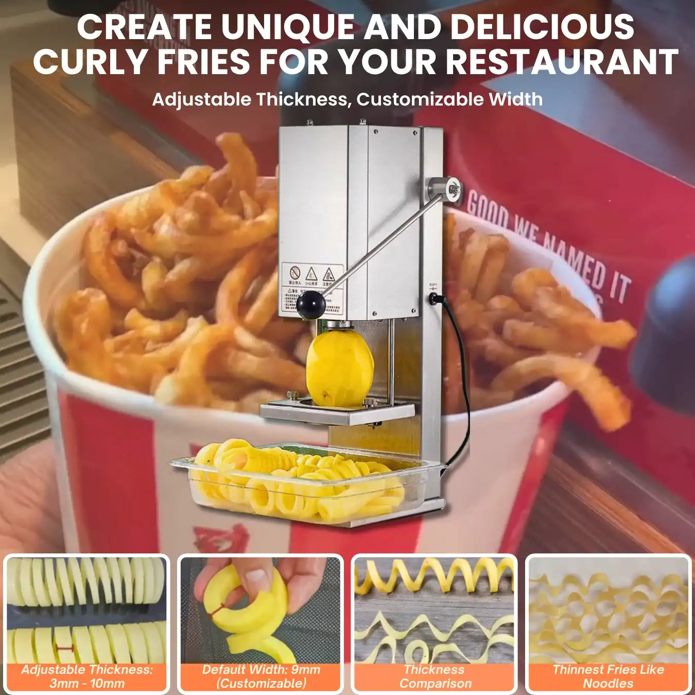 Heavy-duty electric curly fry cutter designed specifically for fast-paced restaurants and food trucks.