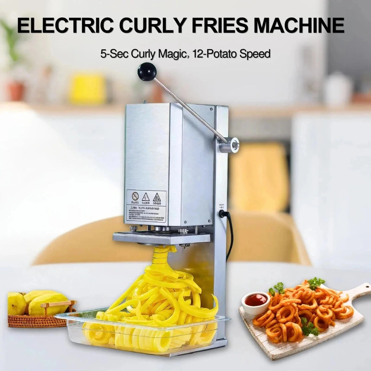 Professional electric curly fry cutter machine next to a plate of perfectly golden spiral sliced potatoes.