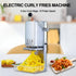 Professional electric curly fry cutter machine next to a plate of perfectly golden spiral sliced potatoes.