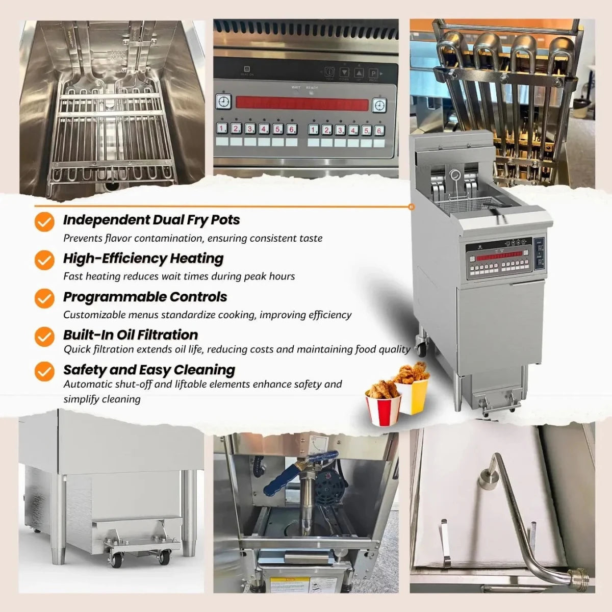 Key features of the TS-OFE126 including lifting heater, smart digital control panel, and automated oil filter.