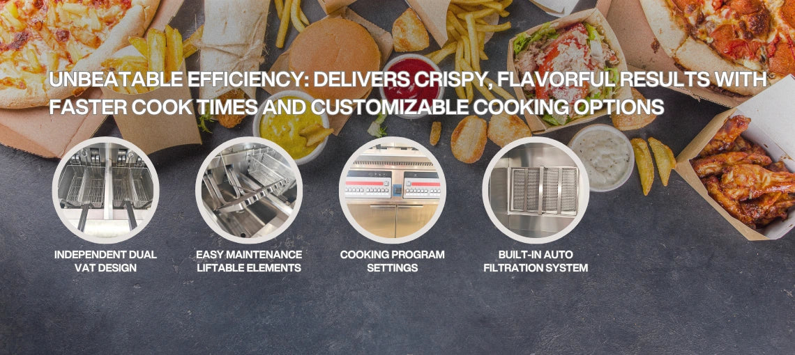 Technical parameters of the TS-EF226 electric floor fryer, showing the 28.6kW high-power heating and 43L total oil capacity.