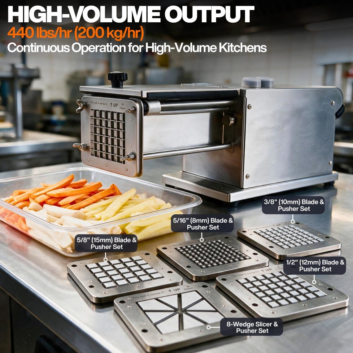 High-volume electric french fry cutter producing 440 lbs per hour with 5 interchangeable blade sets on a stainless counter.