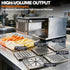 High-volume electric french fry cutter producing 440 lbs per hour with 5 interchangeable blade sets on a stainless counter.