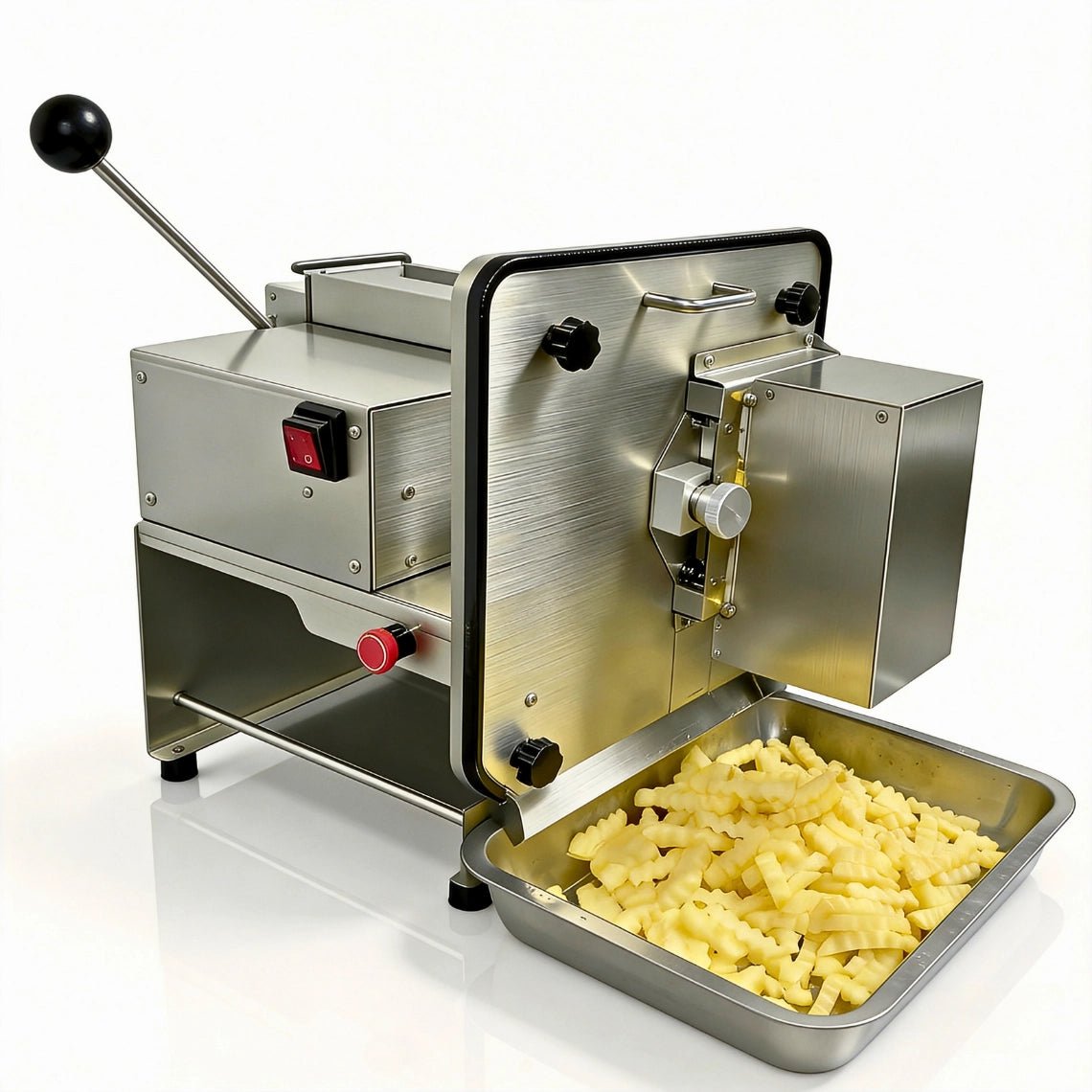 Electric french fry cutter and crinkle slicer machine in 240V configuration discharging perfect wavy potato strips into a stainless steel pan.
