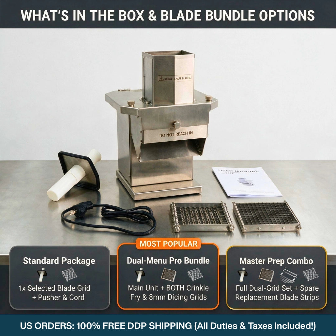 Tenshine TS-L6538 electric french fry cutter package contents and 3/8 crinkle and 8mm dicing grid bundles