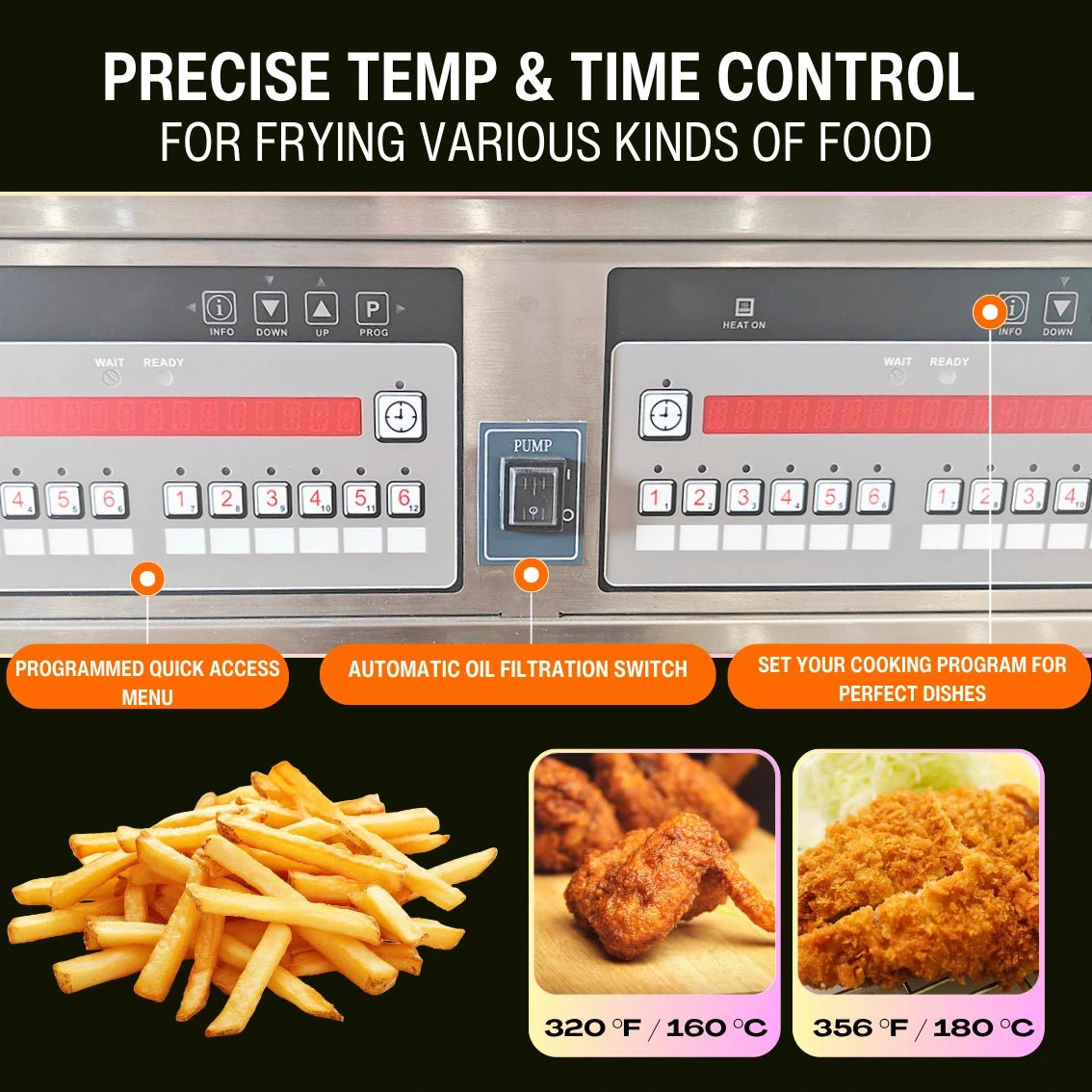 Close-up view of the smart digital control panel on the Tenshine electric fryer commercial model, displaying the exact temperature readout and 10 programmable memory keys.