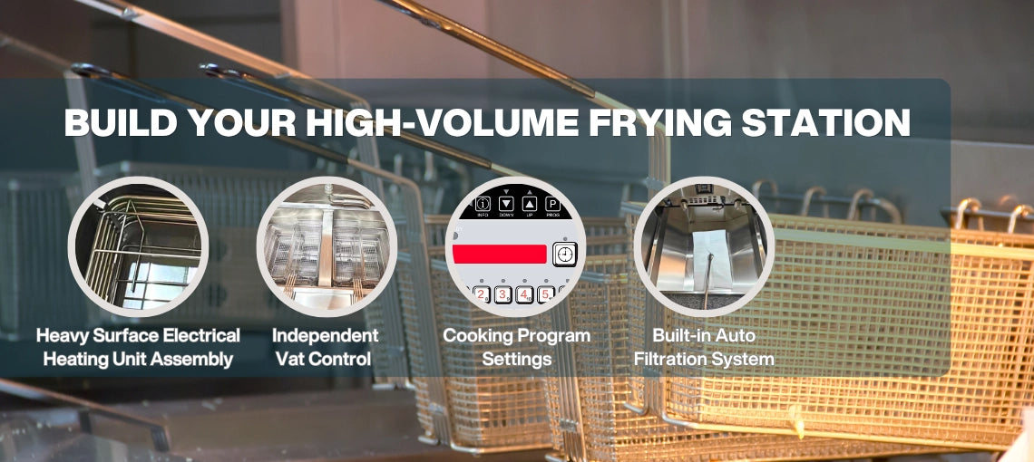 Smart LCD microcomputer processor on the Tenshine TS-EF322 electric fryer for restaurant, enabling 12-program zero-skill operation.