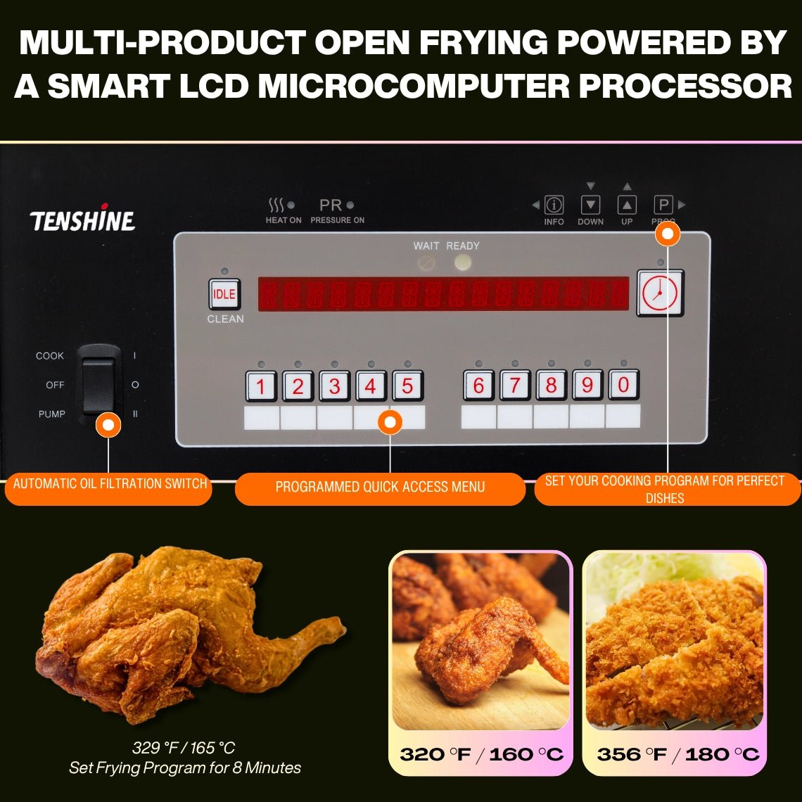 Smart LCD microcomputer processor on the Tenshine TS-EF322 electric fryer for restaurant, showing programmable dual-unit temperature settings.