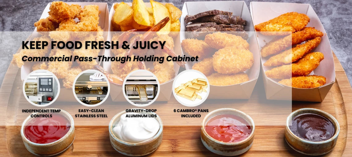 Key features of the Tenshine commercial patty holding bin including independent temperature controls, gravity-drop aluminum lids, and premium Cambro pans.