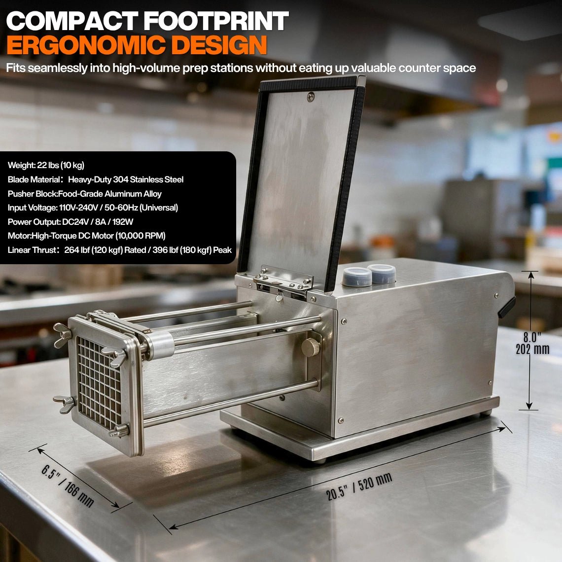 Dimensions and technical specifications of the 20.5 inch compact electric potato cutter for countertop prep stations.