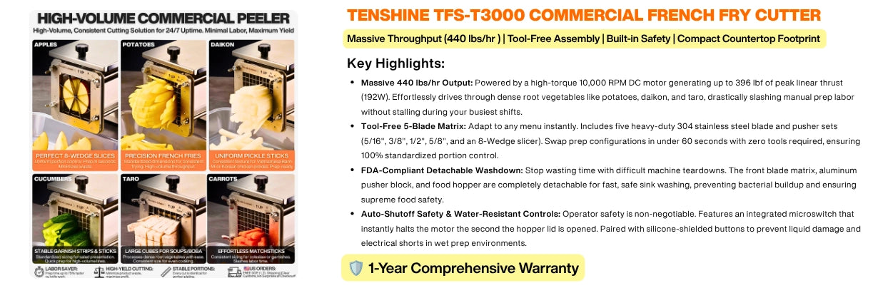 Key highlights of the Tenshine electric potato slicer commercial machine detailing its 440 lbs per hour output and tool-free washdown parts.