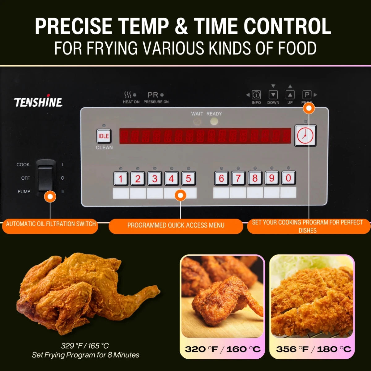 Precise 10-channel digital control panel on the Tenshine electric pressure fryer
