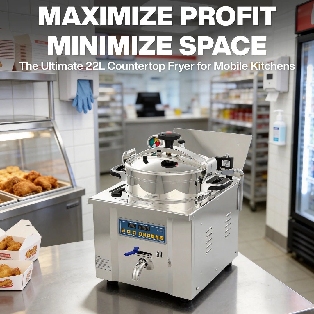 An efficient electric tabletop fryer cooking crispy chicken automatically in a busy gas station deli and convenience store.