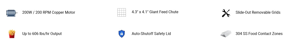 200W copper motor 4.3x4.1 inch chute and slide-out grids on electric vegetable chopper and fry cutter