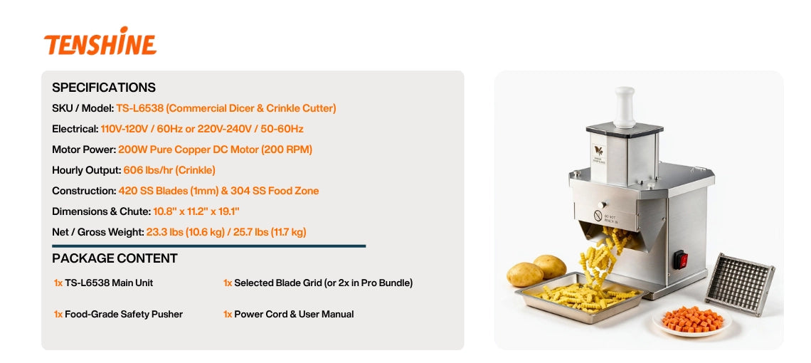 Tenshine TS-L6538 electric vegetable dicer and commercial potato fries cutter specifications and package contents