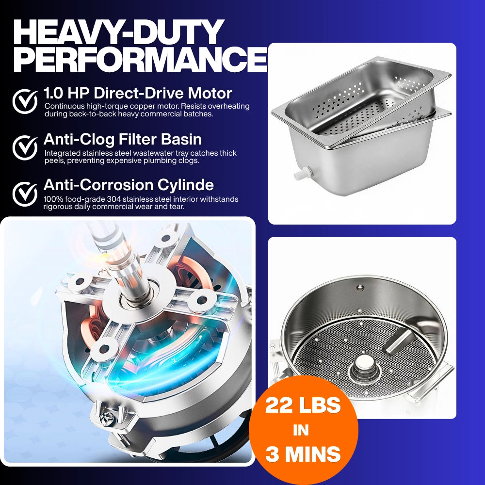 Internal components of the electric vegetable peeler showing the continuous 1.0 HP direct-drive motor and anti-clog filter basin.