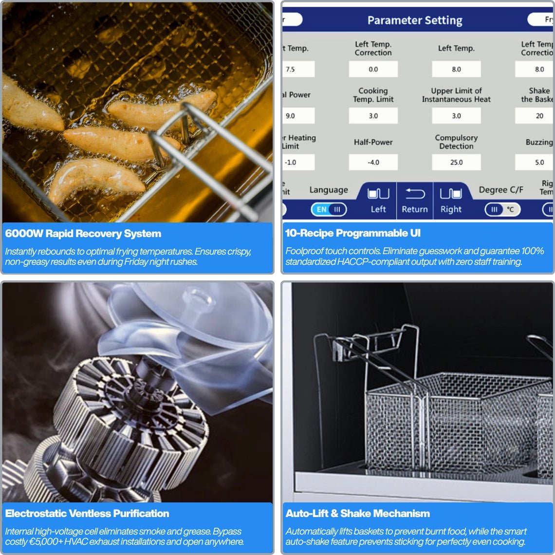 Electrostatic ventless fryer featuring a 10-recipe programmable touchscreen, auto-shake mechanism, and 6.3kW rapid recovery system.