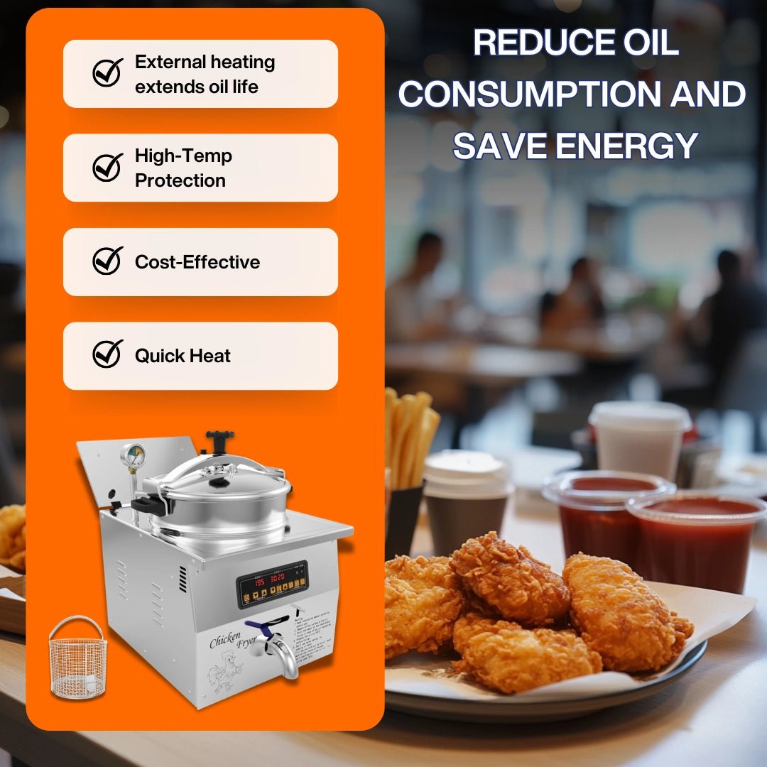 The 16L commercial pressure fryer in a restaurant setting, demonstrating its ability to reduce oil consumption, save energy, and deliver crispy fried chicken.