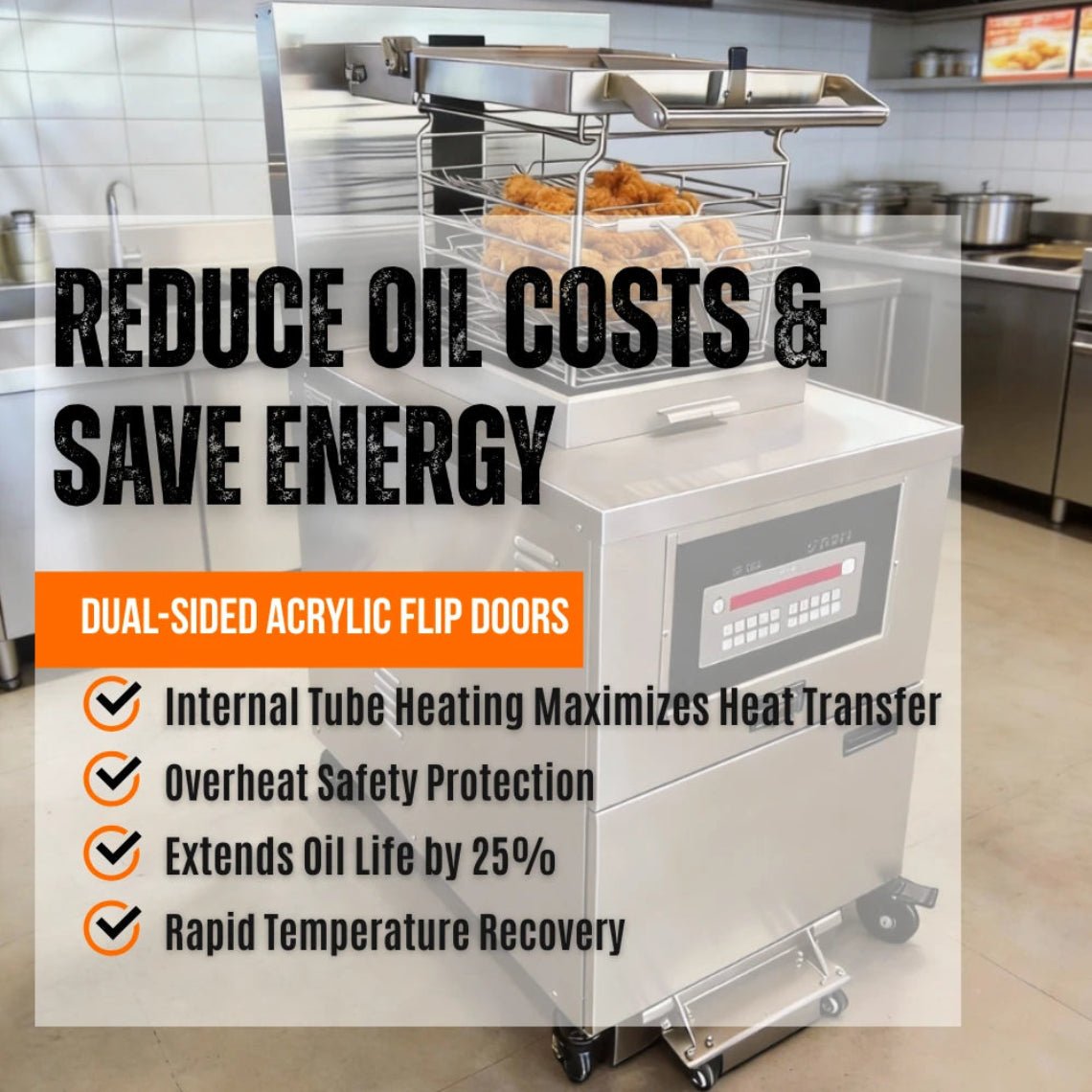 Key benefits of OFG-5910 fryer: Reduces oil consumption by 25%, energy-saving internal heating, and heavy-duty auto-lift system.