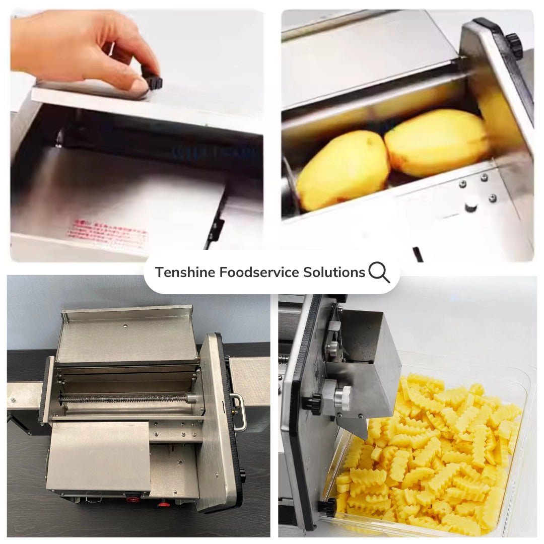 Four step operation of the electric potato slicer showing two whole large Russet potatoes loaded into the extra large 10.6 inch feeding chute without pre cutting.
