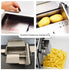 Four step operation of the electric potato slicer showing two whole large Russet potatoes loaded into the extra large 10.6 inch feeding chute without pre cutting.