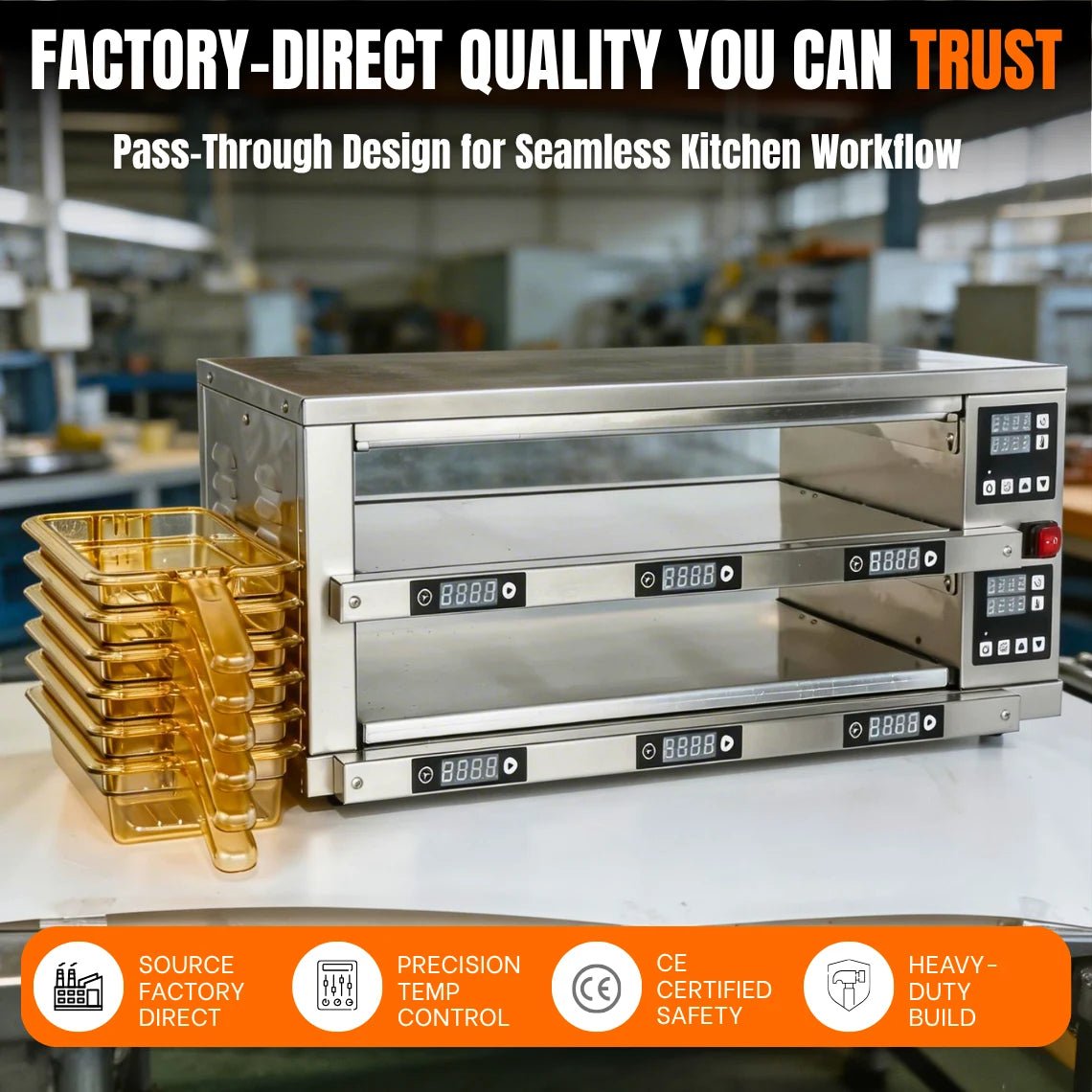 CE certified commercial patty holding bin showing heavy-duty build quality, precision temp control, and factory-direct reliability.