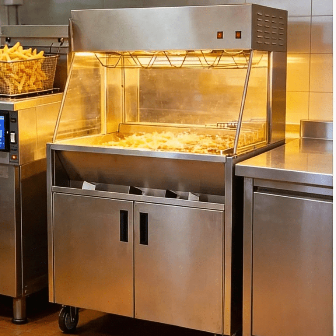 Fast food french fry station in action at a busy restaurant, keeping large batches of fries hot next to the deep fryer.