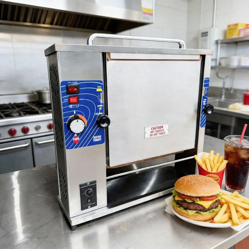 Tenshine commercial vertical bun toaster in a fast-food kitchen setting, ideal for high-volume burger chains and QSRs