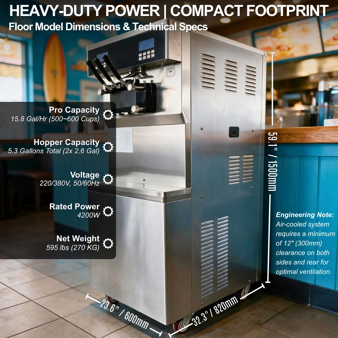 Compact footprint and technical specifications of a 4200W floor model soft serve machine, including 15.8 Gal/Hr capacity and essential engineering clearance notes.