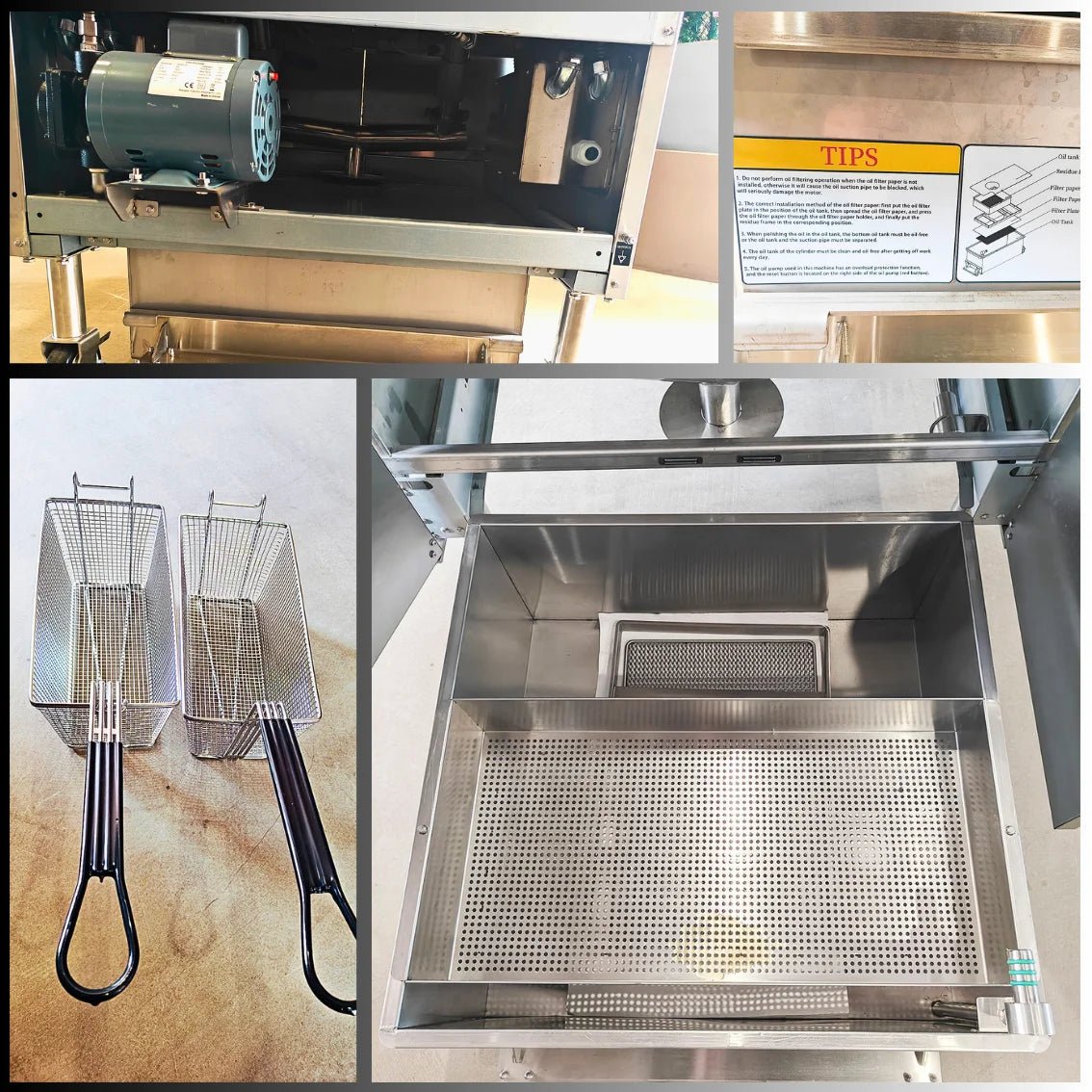 Detailed collage focusing on the mobility and maintenance parts of the TS-EF226 floor standing deep fryer, such as the heavy-duty casters and secure drainage valves.