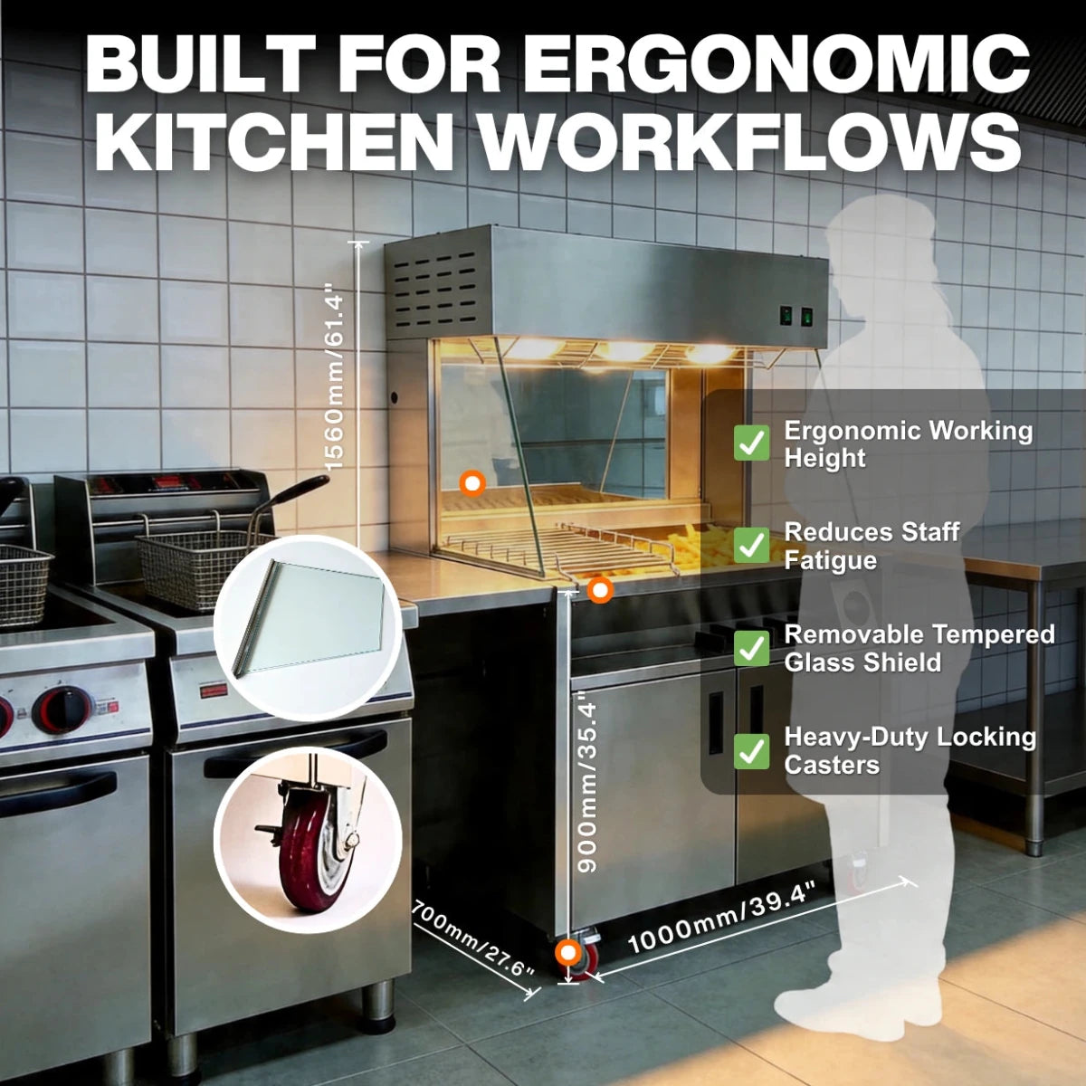 Ergonomic design of the TS-FDS10 floor-standing fry dump station, featuring a removable tempered glass shield and heavy-duty casters.
