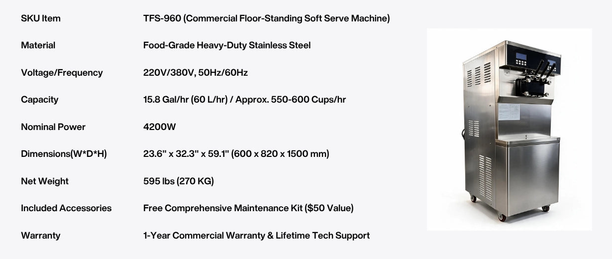 Detailed spec sheet for the floor-standing soft serve machine including 4200W nominal power, 220V/380V options, and heavy-duty 304 stainless steel construction.