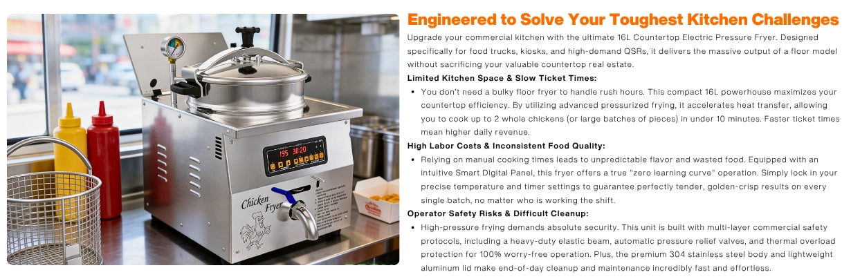 16L commercial countertop pressure fryer solving kitchen challenges in a food truck setting, offering fast ticket times and smart digital controls.
